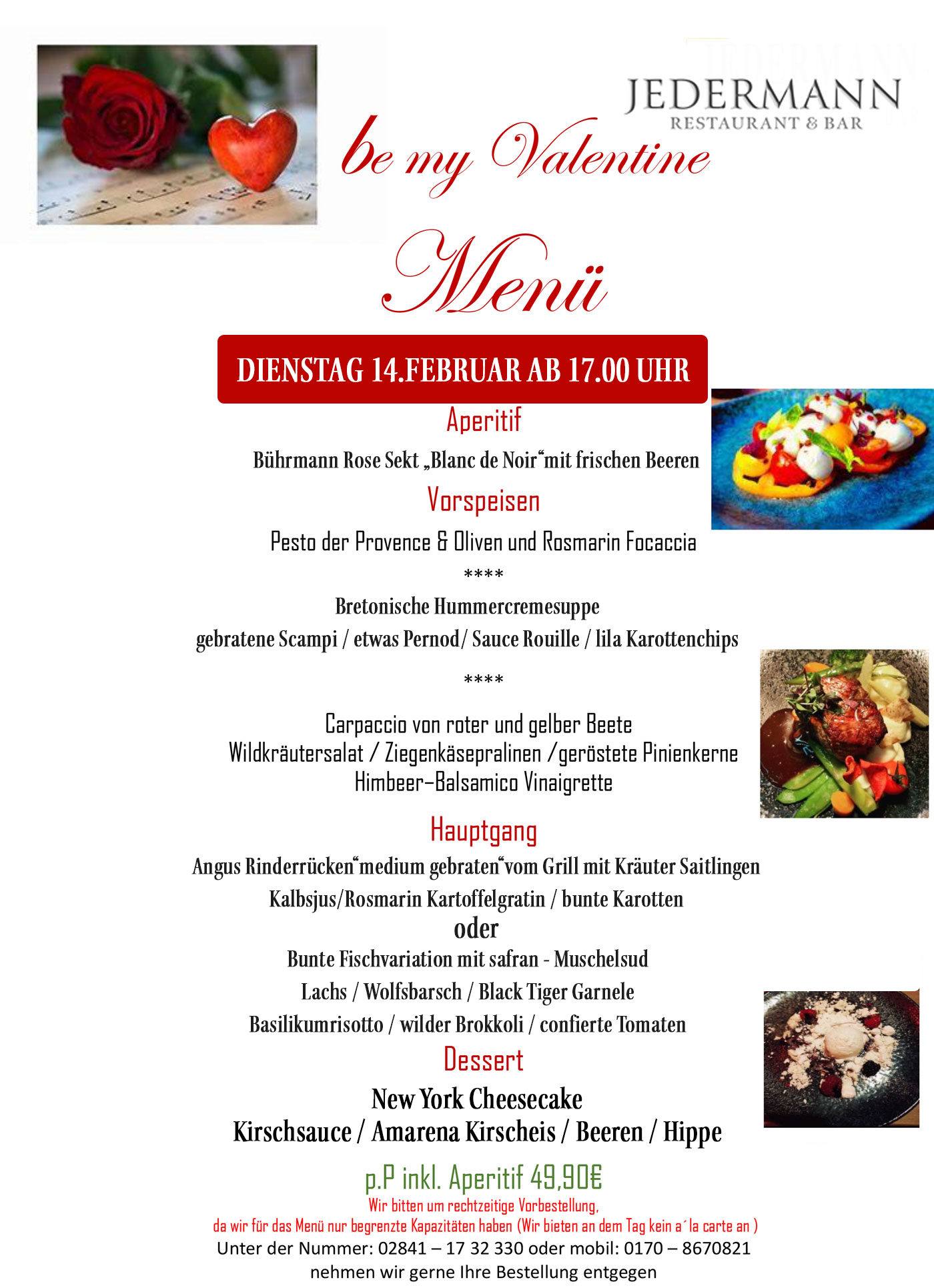 Valentinstag Menu 2023 restaurant & Bar Jedermann Moers