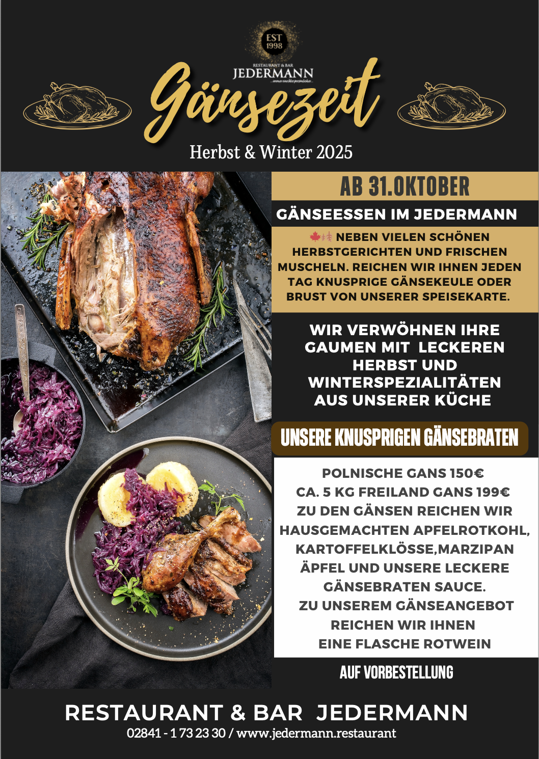 Restaurant & Bar JEDERMANN Moers Betriebsferien Herbst 2025