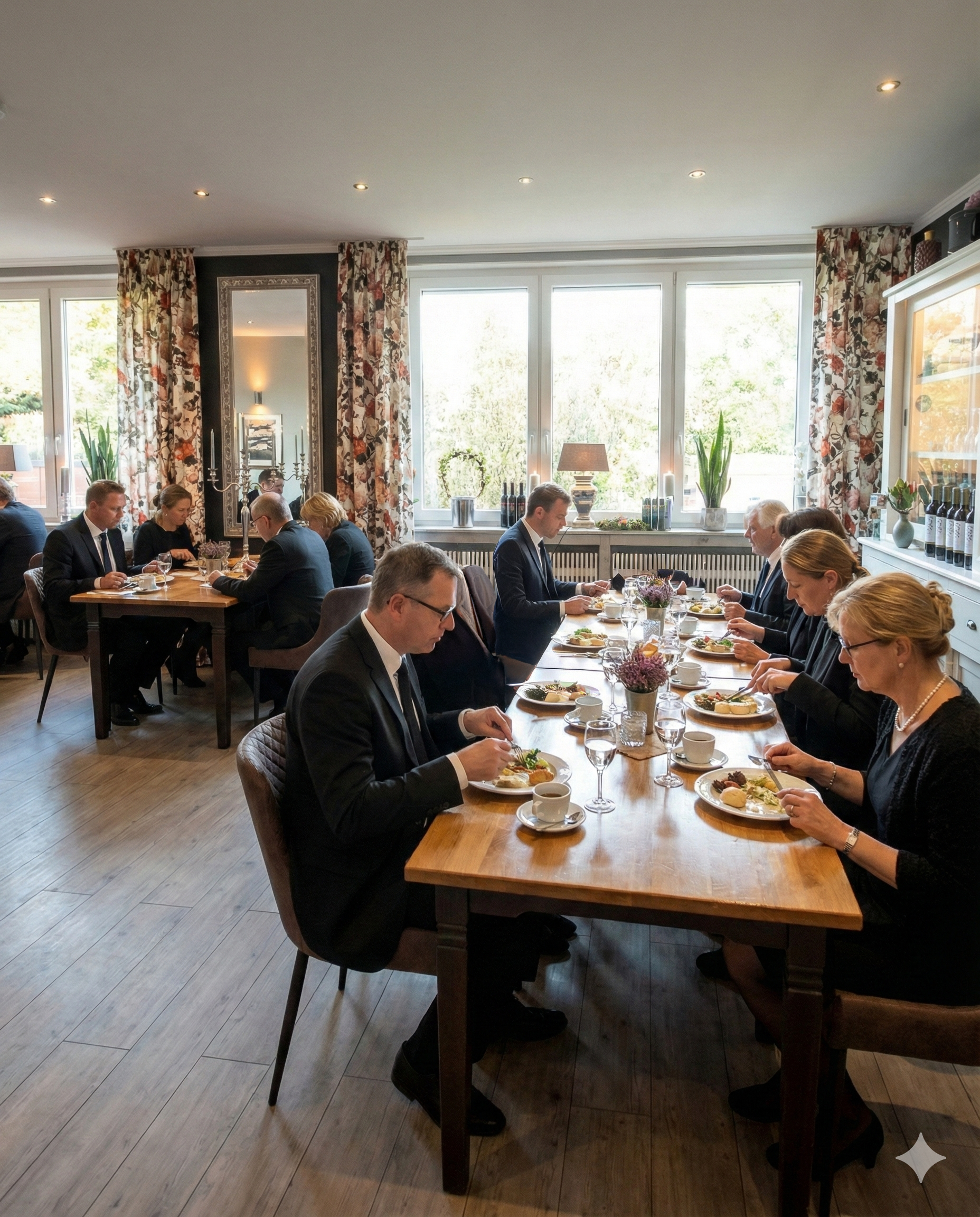 Stilvoll gedeckte Tafel für eine Trauerfeier im Restaurant Jedermann Moers