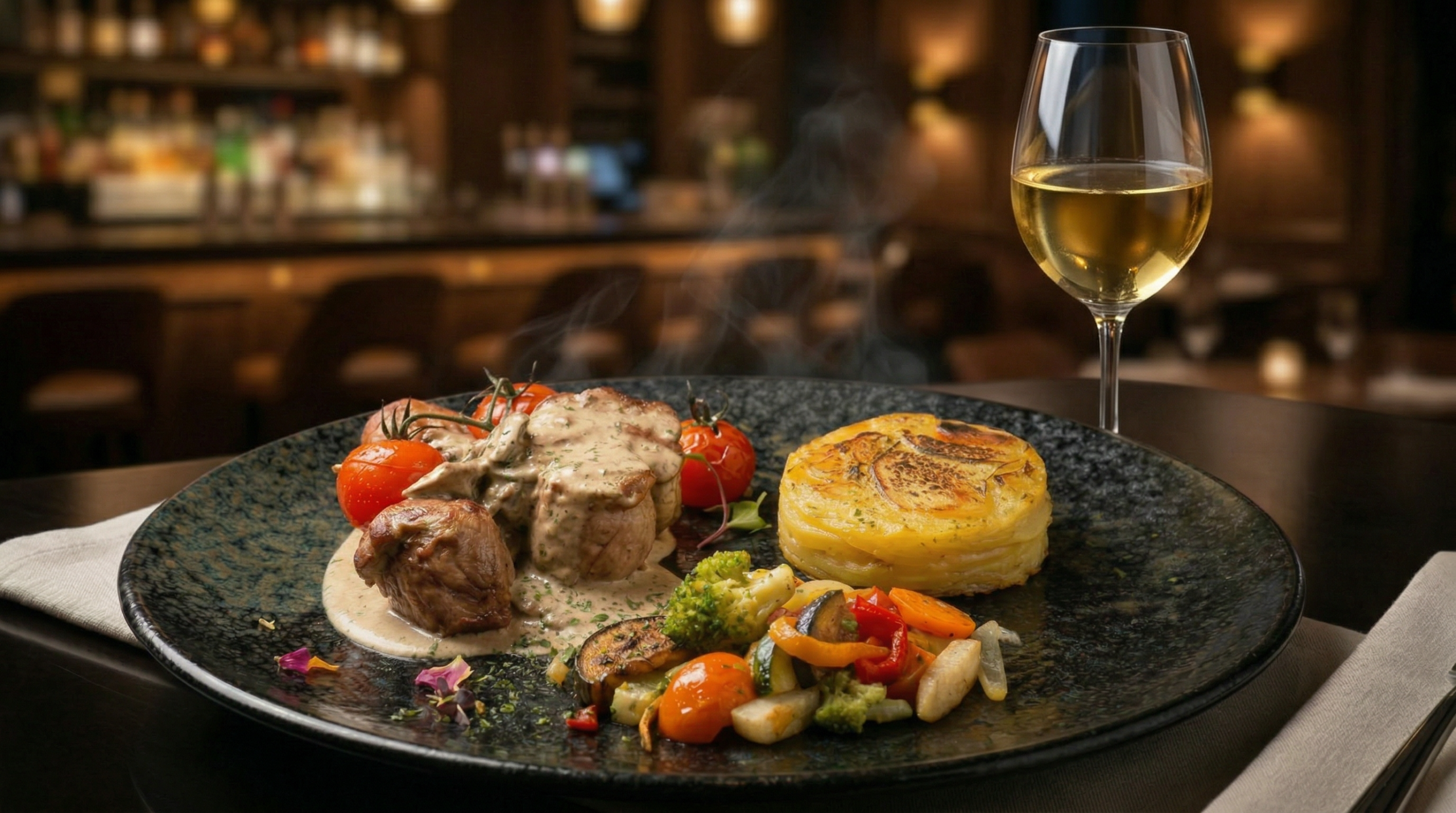 Weinglas und Speisen im Restaurant JEDERMANN Moers