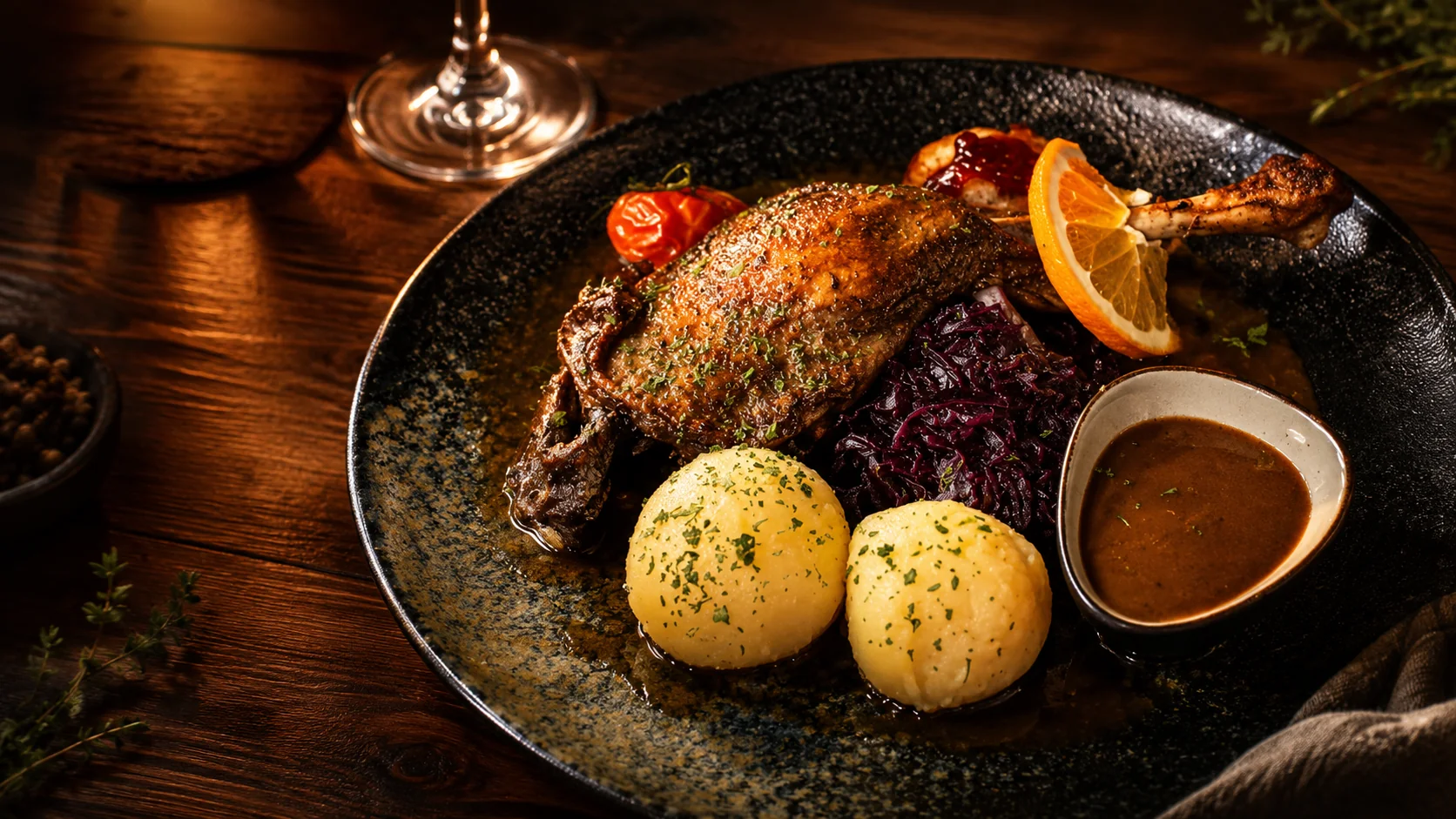 Klassisches Gänsemenü im Restaurant JEDERMANN Moers — Dittmarscher Freilandgans