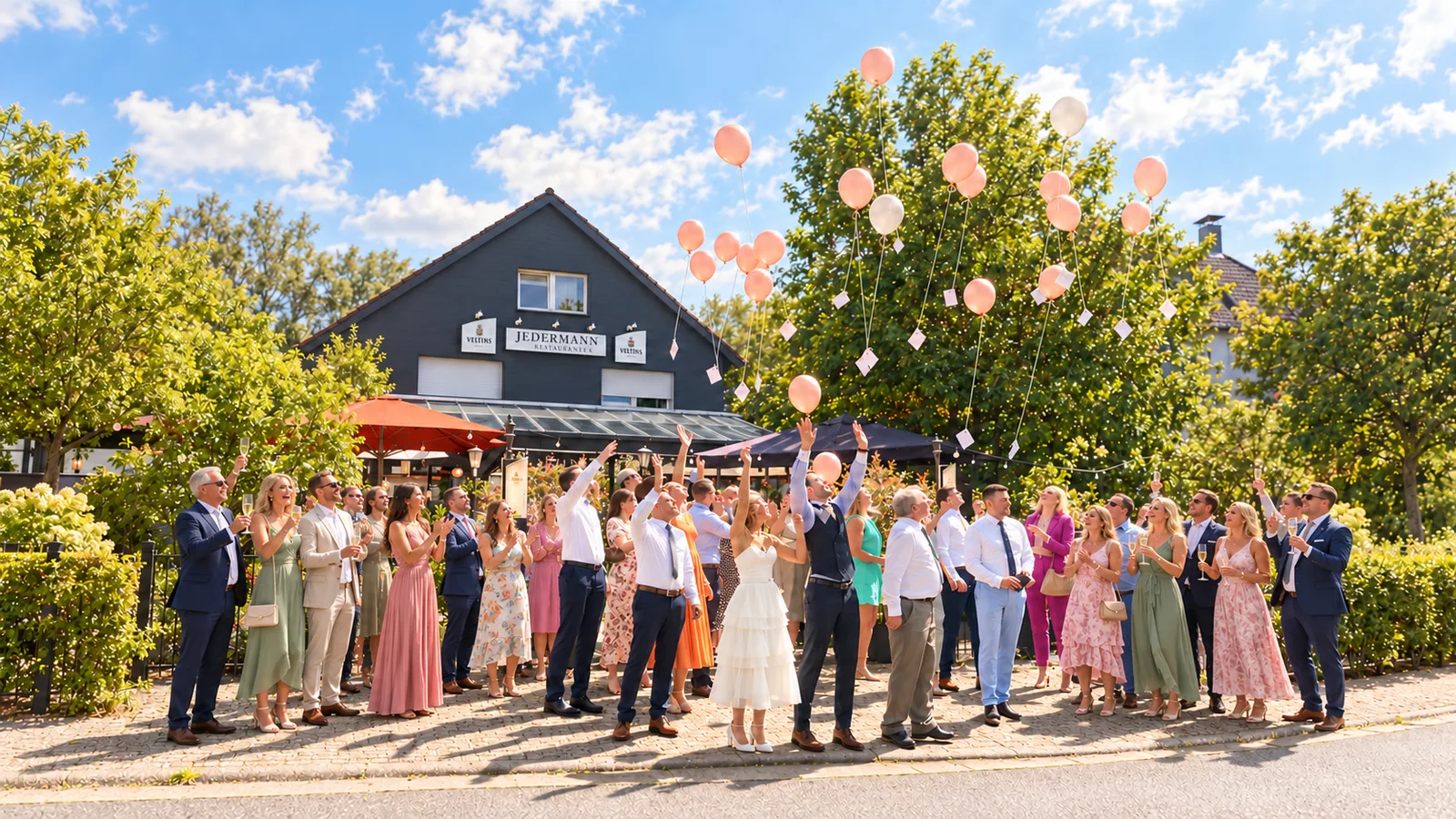 Hochzeitsgesellschaft lässt Ballons steigen vor dem Restaurant JEDERMANN in Moers