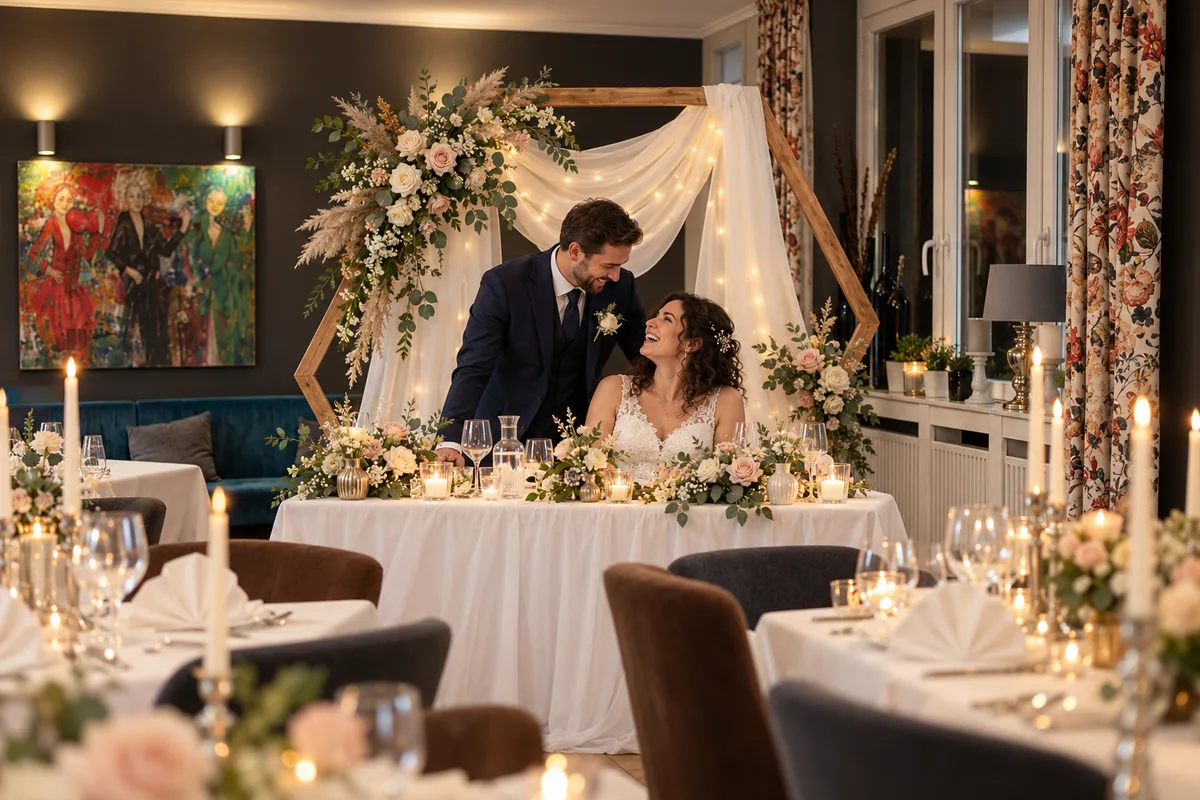Brautpaartisch mit Blumenbogen im JEDERMANN Moers