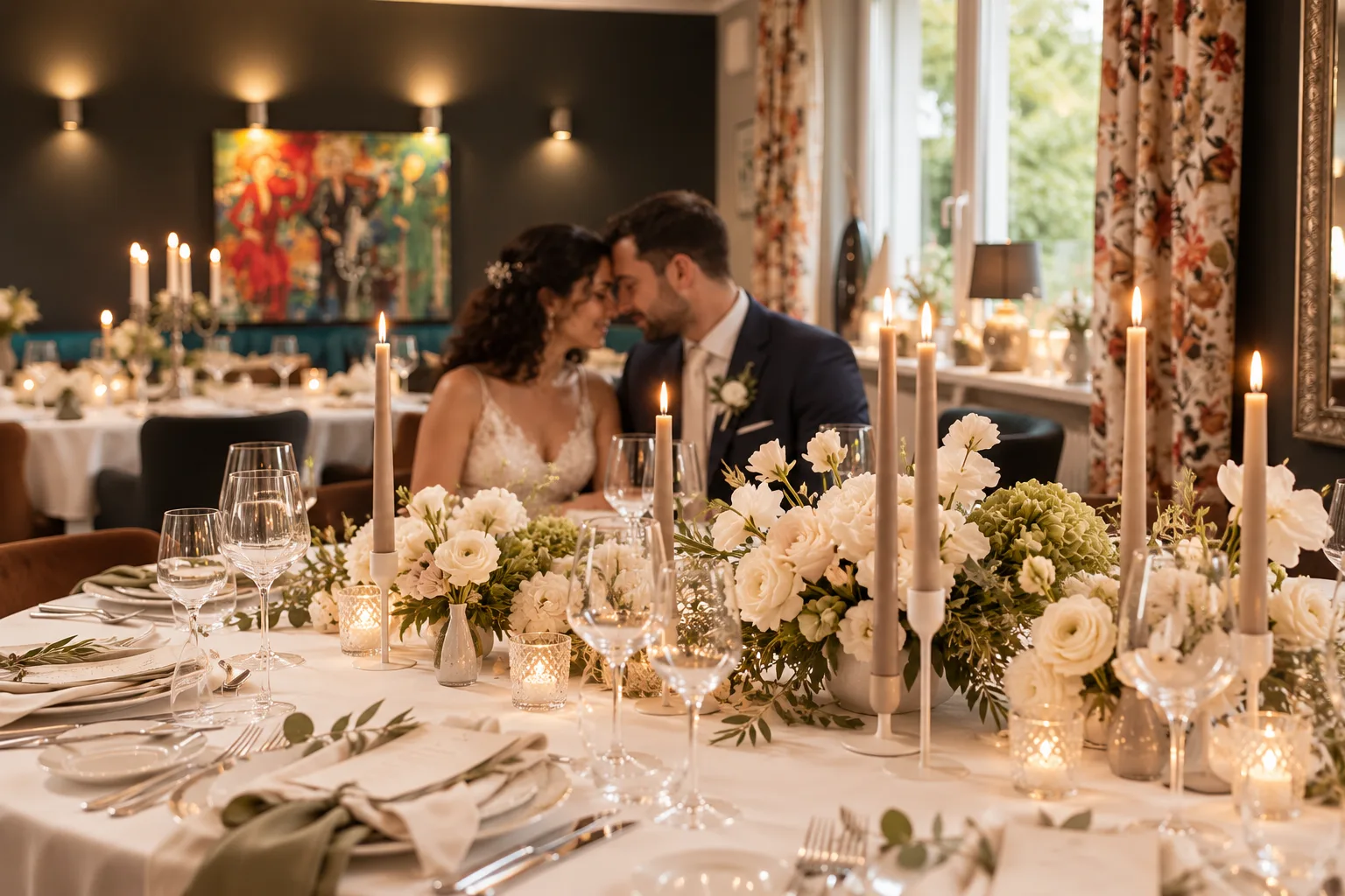 Brautpaar am festlich gedeckten Hochzeitstisch mit Kerzen und Blumen im Restaurant JEDERMANN Moers
