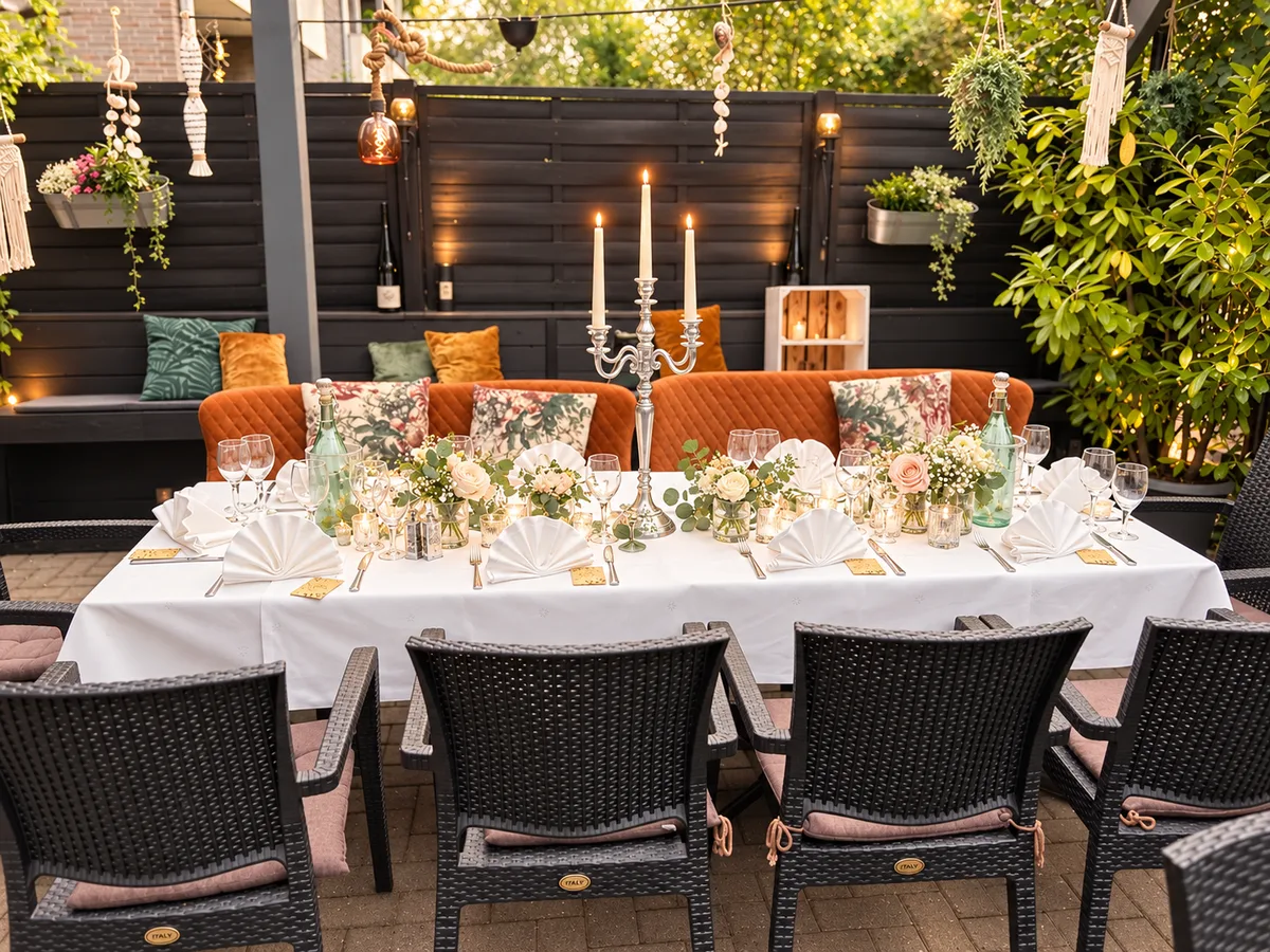 Festlich gedeckte Tafel auf der Terrasse des JEDERMANN
