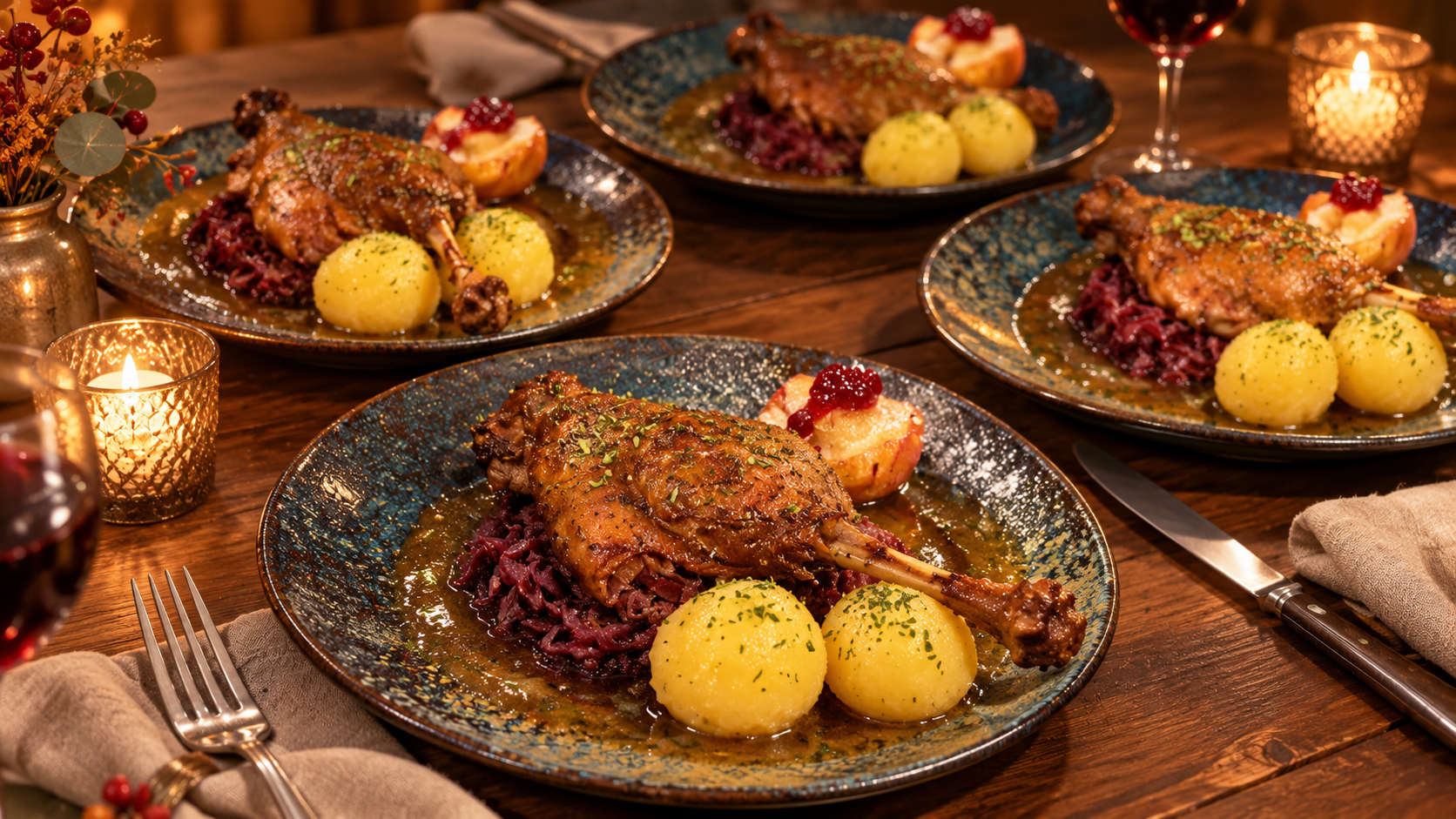 Vier Gänsegerichte mit Rotkohl und Kartoffelklößen auf einem festlich gedeckten Tisch bei Kerzenlicht